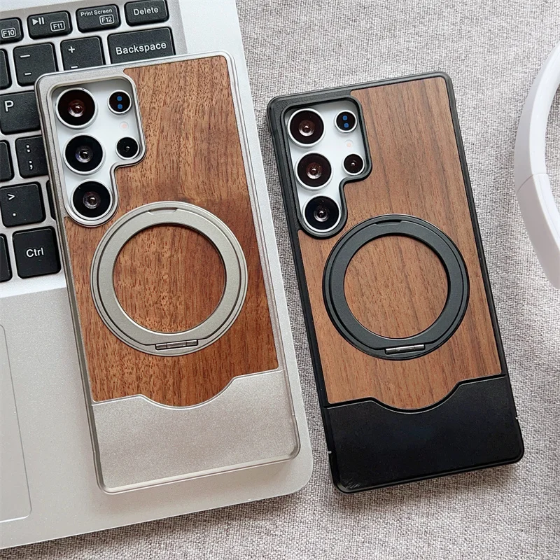 Magnetic Push-Pull 360 Rotate Bracket Metal Phone Case For Samsung Galaxy S23 S24 S25 Ultra Magsafe Walnut Wood Shockproof Cover