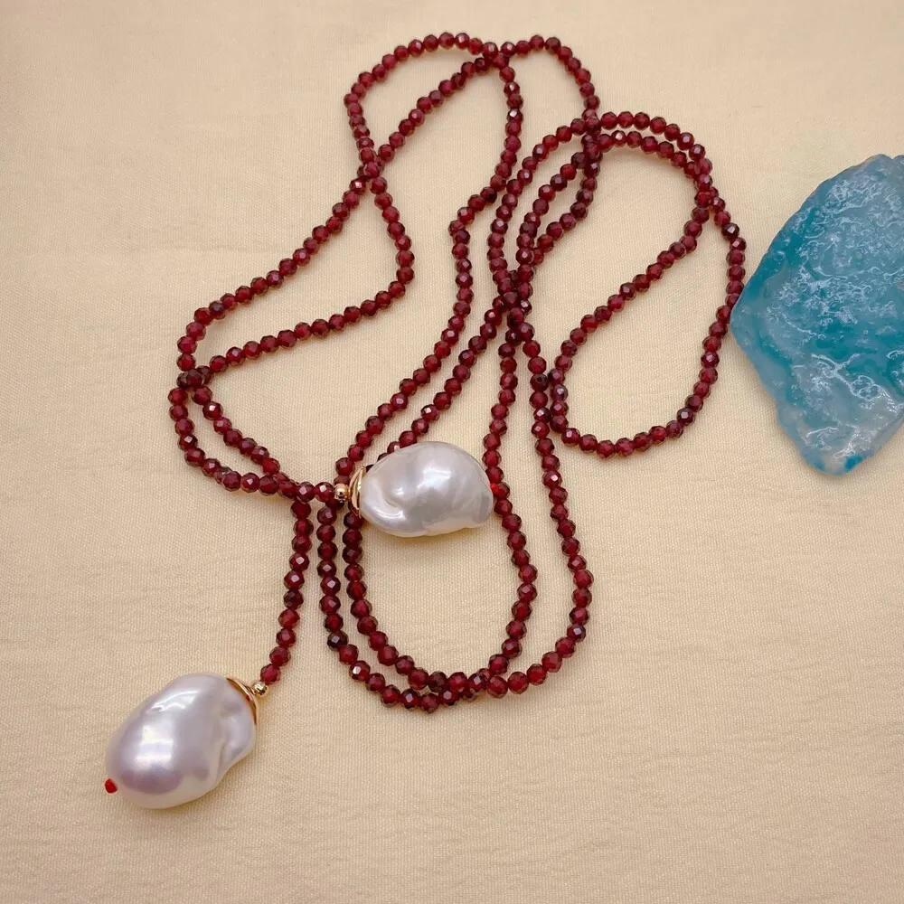 

Natural Faceted Garnet Cultured White Baroque Pearl Long Necklace Women Jewelry
