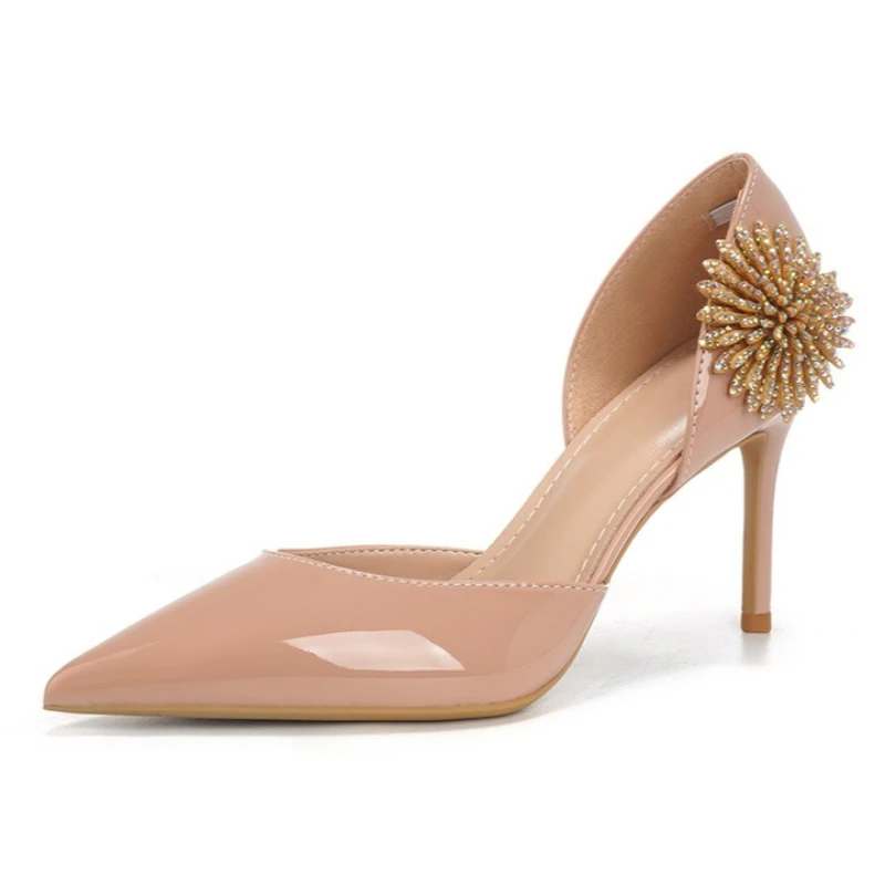 

Элегантные женские роскошные туфли-лодочки телесного цвета из лакированной кожи на высоком каблуке, украшенные стразами и цветами, сексуальные туфли-лодочки с острым носком на шпильке