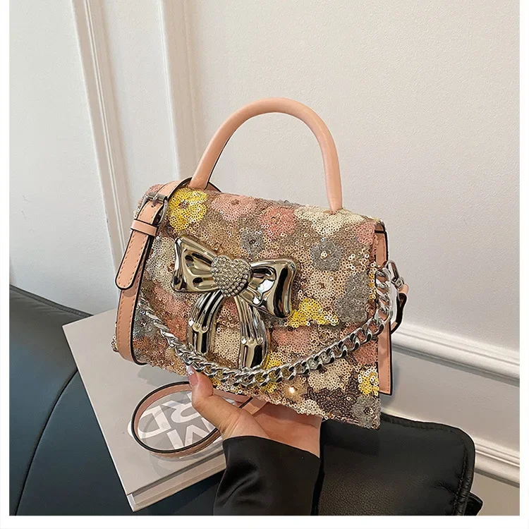 Women's 2024 New Sparkling Dinner Bag, Metal Bow, Snake Print Saddle Bag, Fashion Tote, Women's Single Shoulder Crossbody Bag