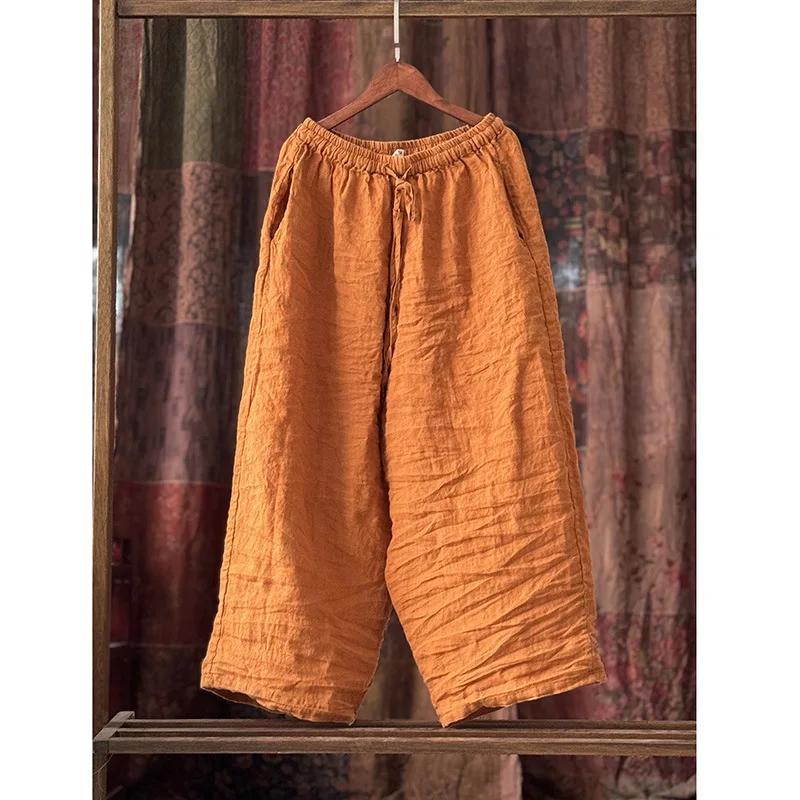 

Women Cotton Linen Natural Fabric Pants Femme Elastic Waist Drawstring Summer Fashion Japanese Casual Pants Wide Leg Trousers