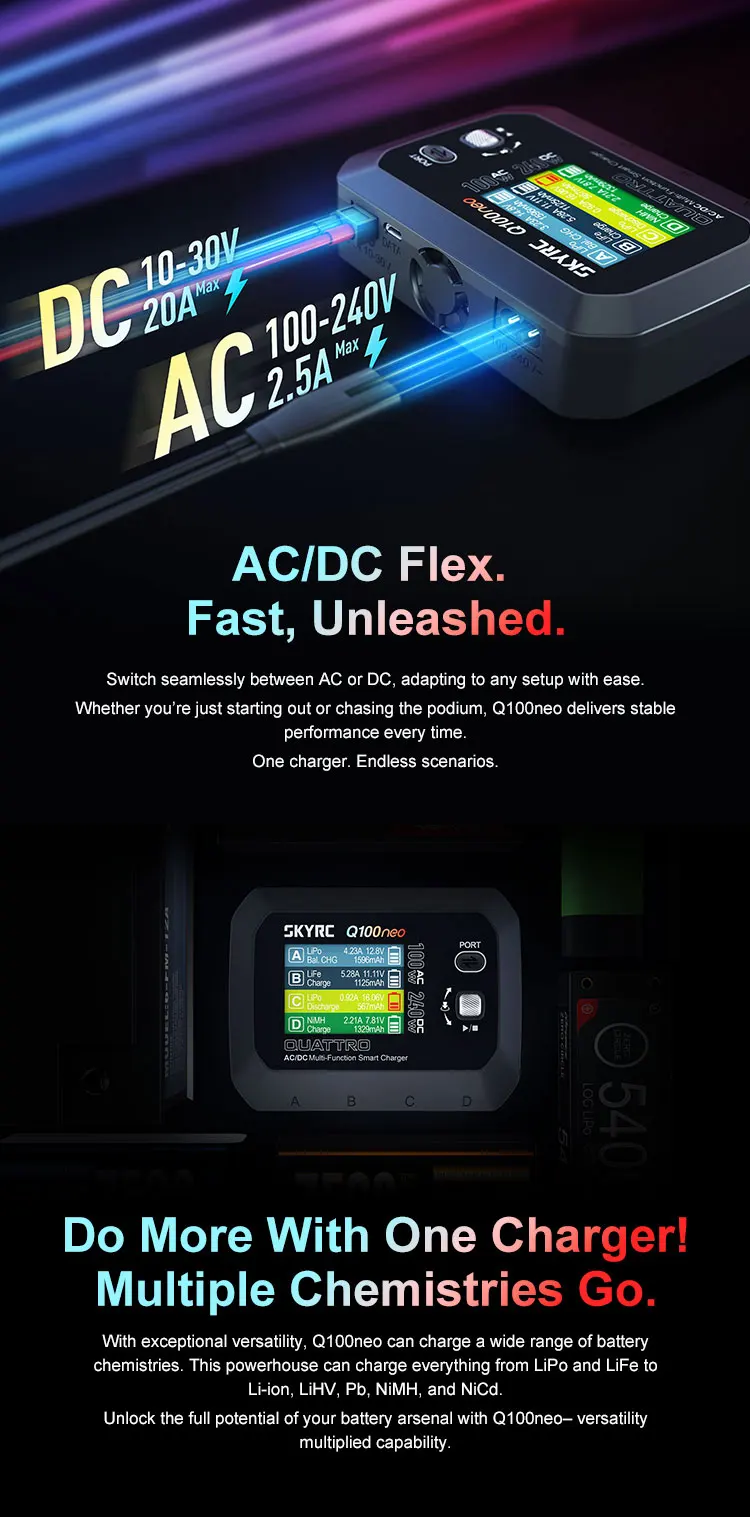 

SkyRC Q100neo 4-Channel Charger - Independent Output, 600mA Balance, 0.02V Precision for RC Drones