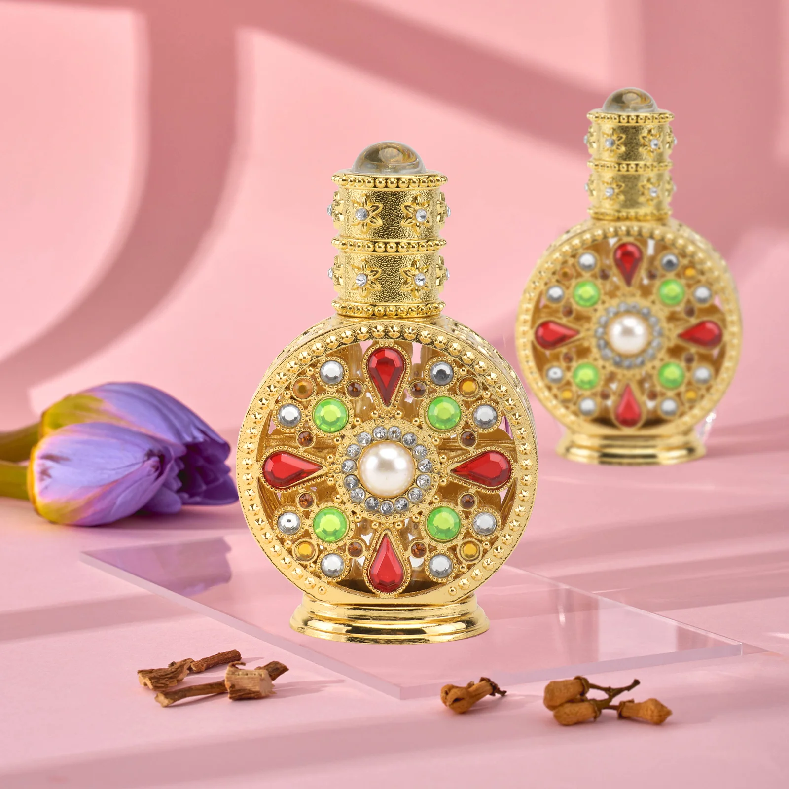 

Elegant Glass Alloy Perfume Bottle Refillable Essential Oil Container Diamond Inlaid Travel Size Golden Aromatherapy Bottle Home