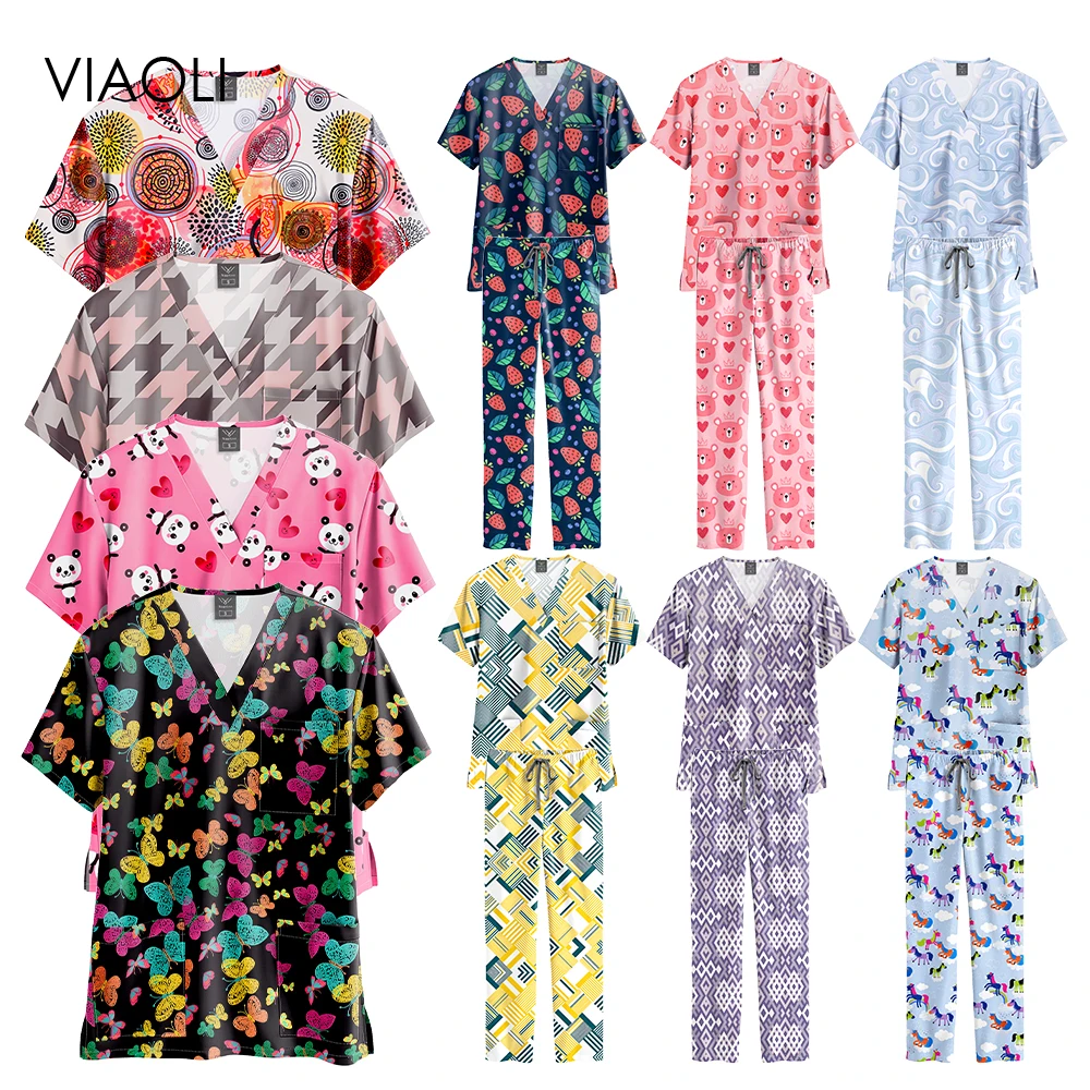 

Оптовый комплект униформы для медсестер и врачей: топ и брюки с карманами для женщин и мужчин, мягкий медицинский костюм для стоматологии и работы, принт