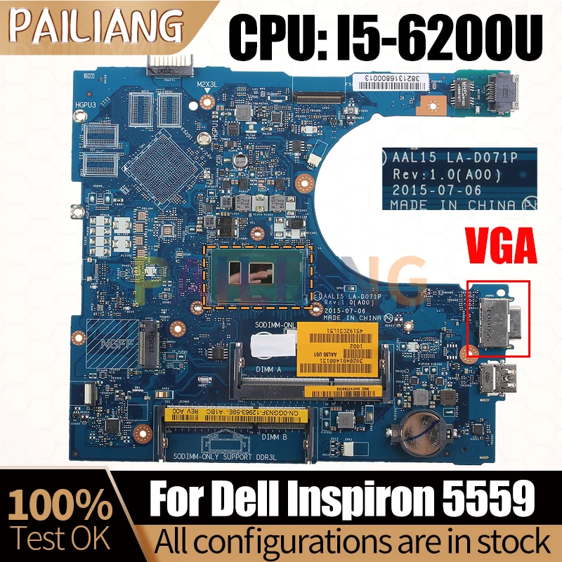 

For DELL Inspiron 5559 Notebook Mainboard LA-D071P SR2EY I5-6200U VGA 0FV59D Laptop Motherboard Full Tested