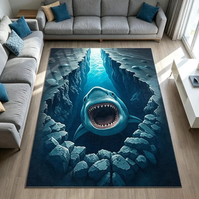 Shark In Big Crack Rug, 2D Look Shark Rug, 2D Crack Rug, Shark Rug, Shark Area Rug, 2D Illusion Vortex Rug, Vortex Area Rug