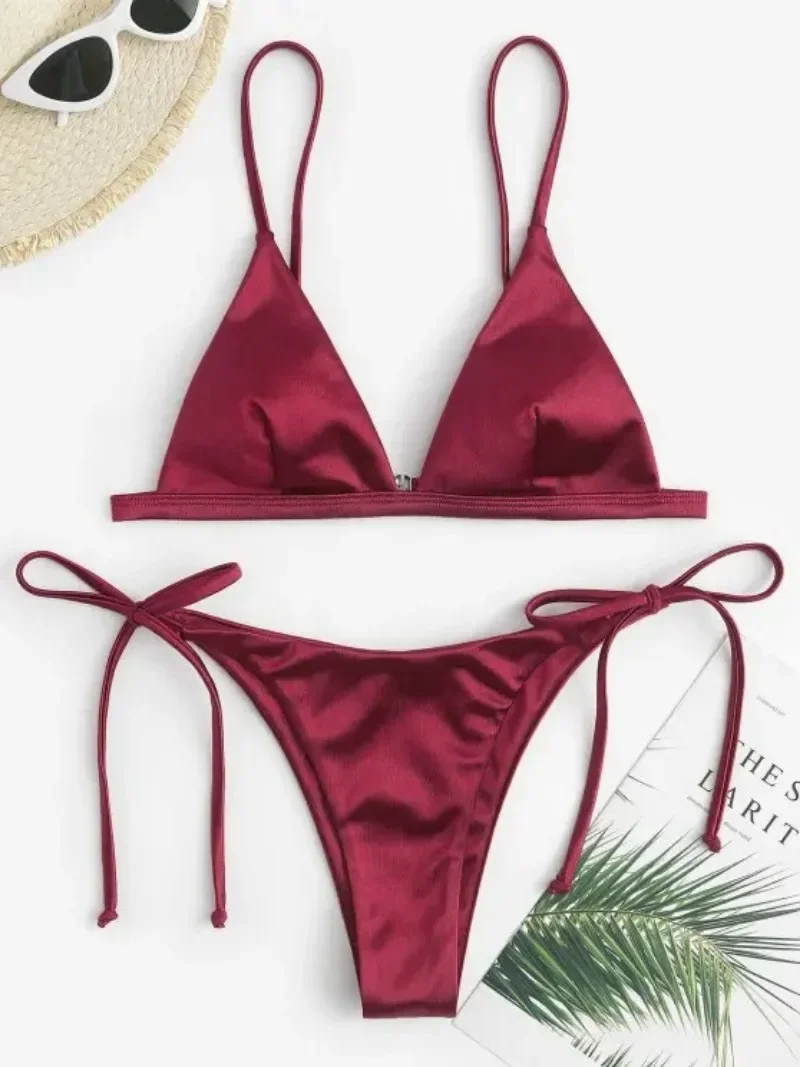 sexy satin micro mini Bikini Sets two pieces Woman tie swimsuit Swimwear Biquini beach outfits bakini conjunto de bikini