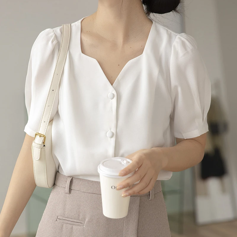 

QOERLIN White Chiffon Shirt Female V-Neck Retro Women Blouse Summer Elegant Short Sleeve Tops Puff Sleeve Shirts Buttons Blouse