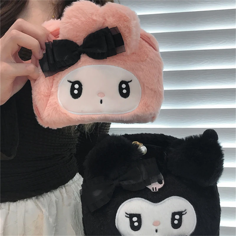 

Sanrio Kawaii Kuromi My Melody Makeup Bag Fluffy Girl Heart Cute Cartoon Anime Storage Bag Portable Purse Tide Gift for Kids