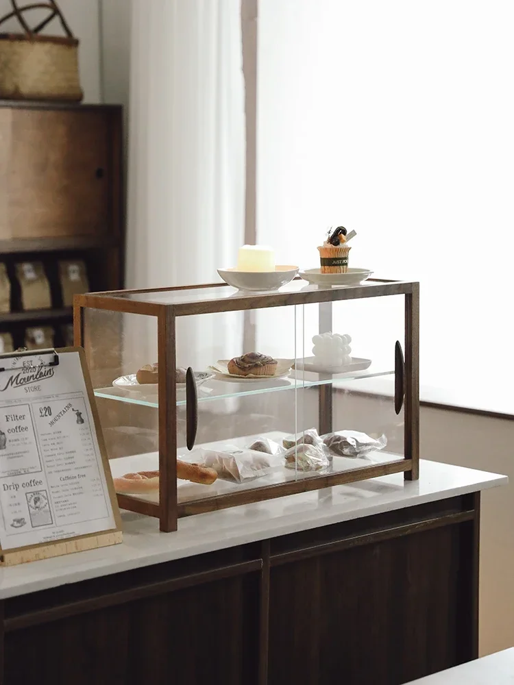 Vintage black walnut solid wood glass bread display case, coffee shop, dessert tea set, display shelf, storage cabinet