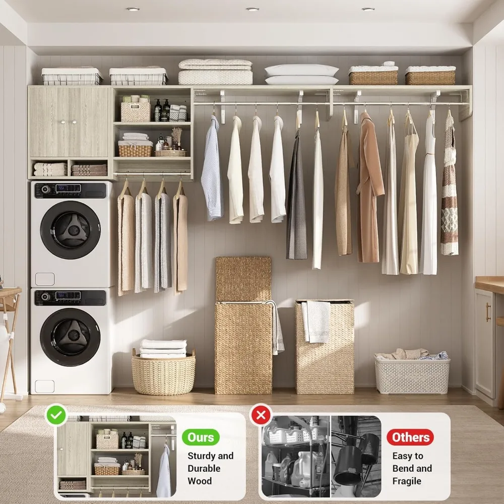 Multi-Purpose Closet System with 3 Hanging Rods, 5-10Ft Closet Organizer with Cabinet and Open Storage, Wood Closet Orga