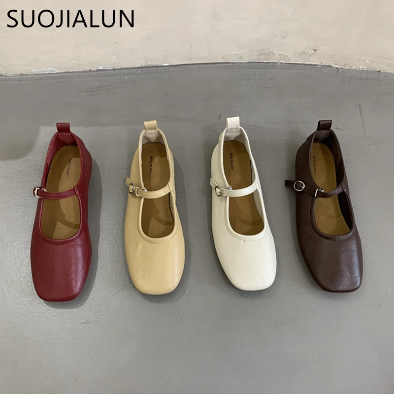 SUOJIALUN 2023 Autumn Flat Heel Women Casual Ballet Shoes Shoes Fashion Round Toe Shallow Round Toe Mary Jane Soft Sole Ballerin