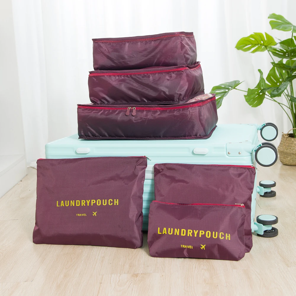 

6-Piece Travel Storage Bag Luggage Group Travel Clothing Storage Bag Floral Fabric Clothing Sorting Bag Wine Red