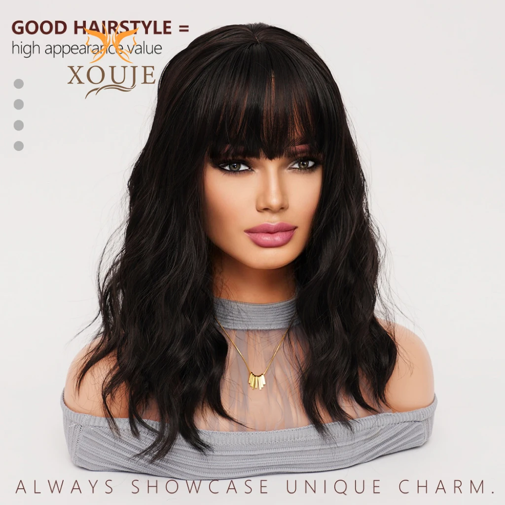 Natural black wig long curly bob synthetic heat resistant wig natural wavy bangs wig daily use women\'s holiday party high qualit