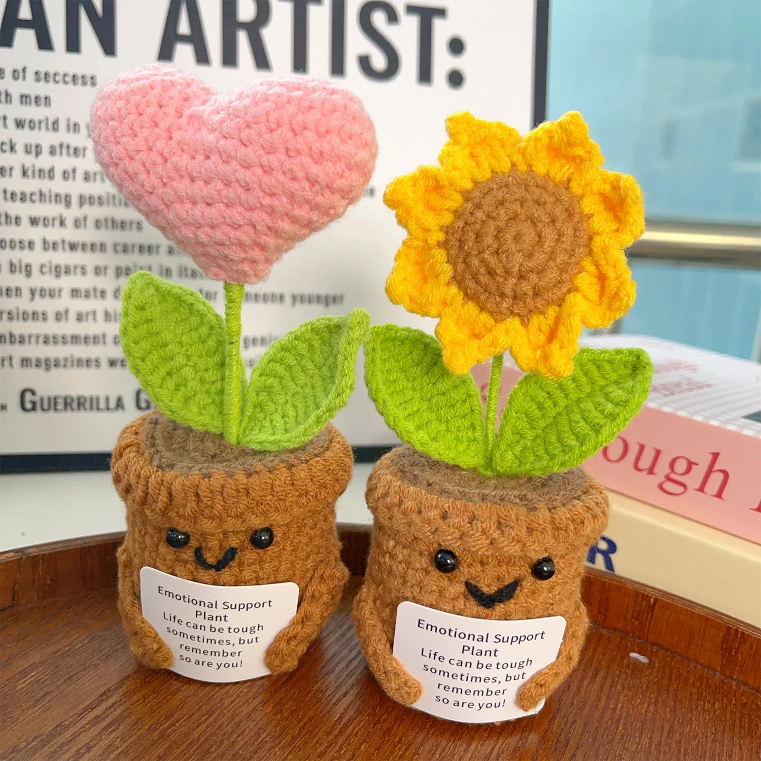 Emotional Support Heart Flowers Positive Energy Hand-woven Hug Pocket Knitting Dolls With Card Desktop Ornament Home Decor Gifts