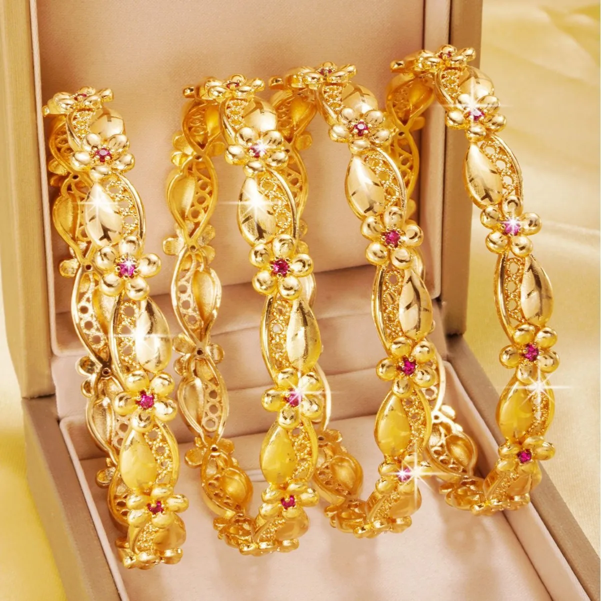 9999 gold diamond-studded brushed flower ribbon bracelet - versatile for cross-border use, with an open design handband