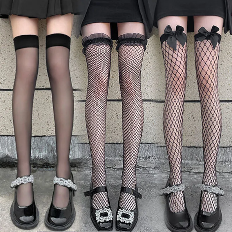 

Black White Sexy Overknee Long Socks Women Sweet Girls Lolita Bowknot Thigh High Fishnet Stockings Gothic Punk Lace Mesh Legging