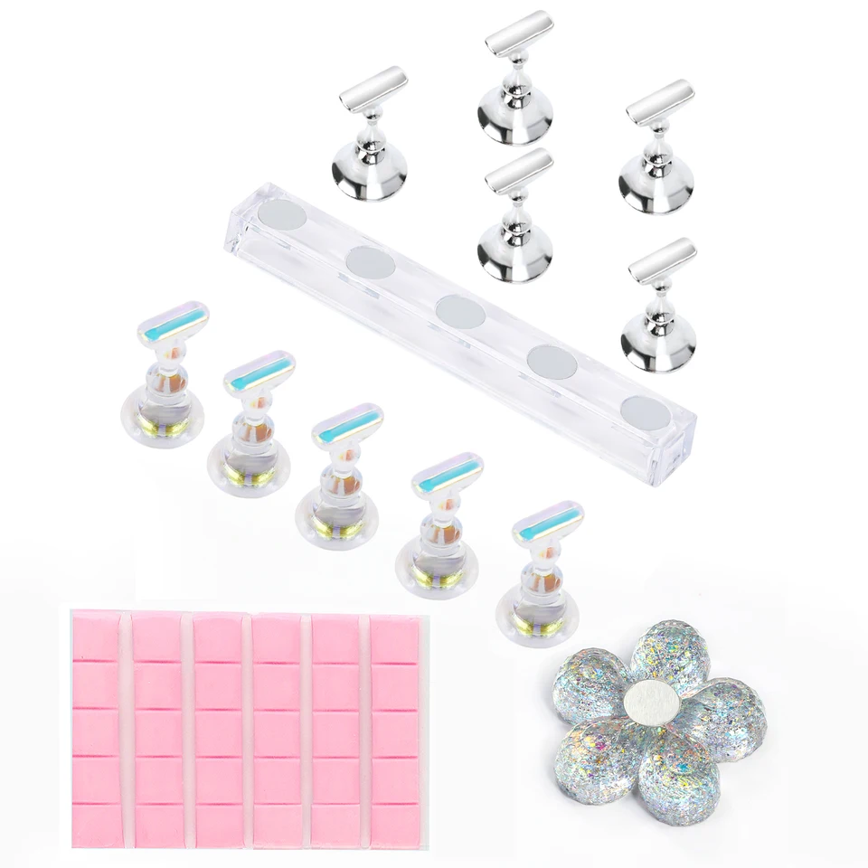 Set de soporte para uñas postizas, exhibidor y práctica de arte, soporte magnético con masilla reutilizable 2