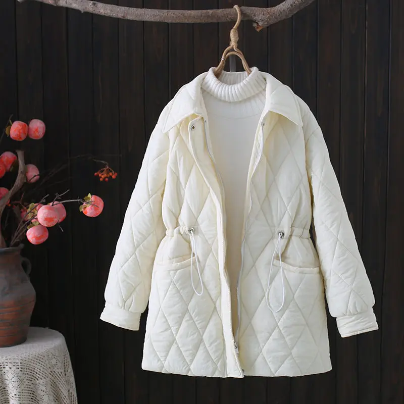 

2022 Winter Women's Casual Top Mid Length Lapel Waist Drawstring Large Size Solid Color Cotton Shirt Quilted Jacket Coat T923