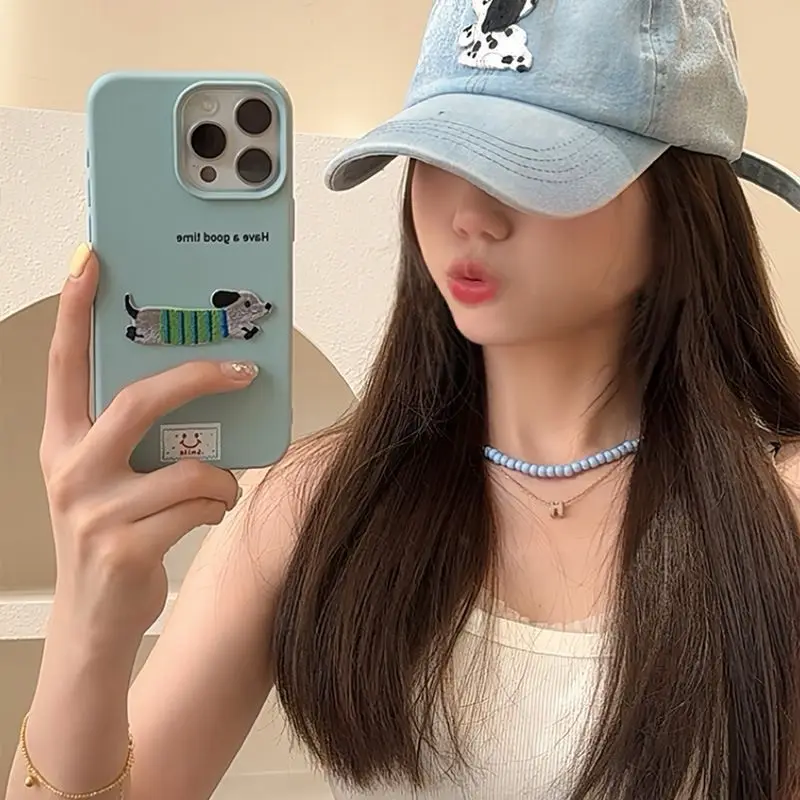 Cute Cartoon Dachshund Litchi Pattern Phone Case For iPhone 16 15 14 13 12 11 Pro Max X XR Korean Lovely Shockproof Soft Cover