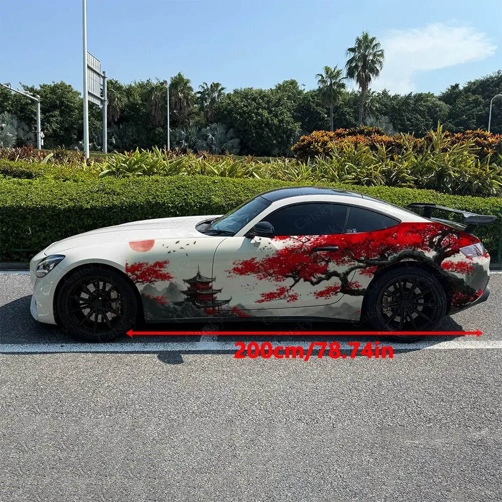 2pcs Ancient Building Red Plum Car Side Wraps, Self-Adhesive PVC Waterproof & Scratch-Resistant Stickers, Car Accessory Gift