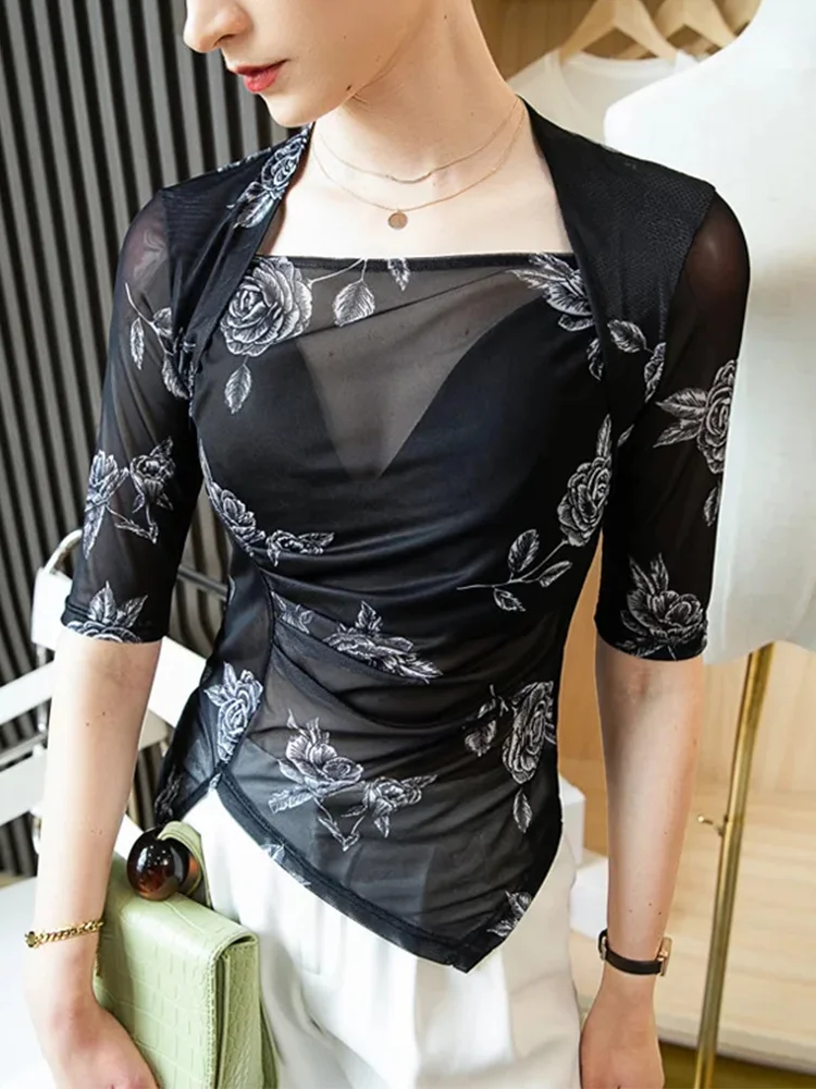 

Winsleter Women Sexy Halter Print Slim Mesh Tops Summer European Clothes See-Through Tshirts Elastic Half Sleeves Tees T35933M