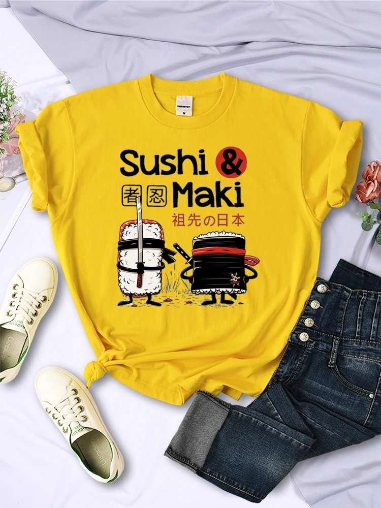 Japan Comics Ninja Sushi Print Odzież damska Ponadgabarytowe letnie topy O-Neck Modna koszulka Oddychająca koszulka damska