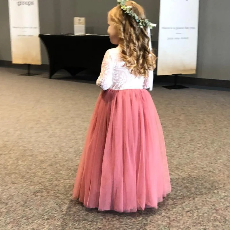 Long Sleeve Teenager Girls Lace Princess Dress Wedding Birthday Party Baby Kids Children Evening Dress for 2 4 6 8 10 12  14