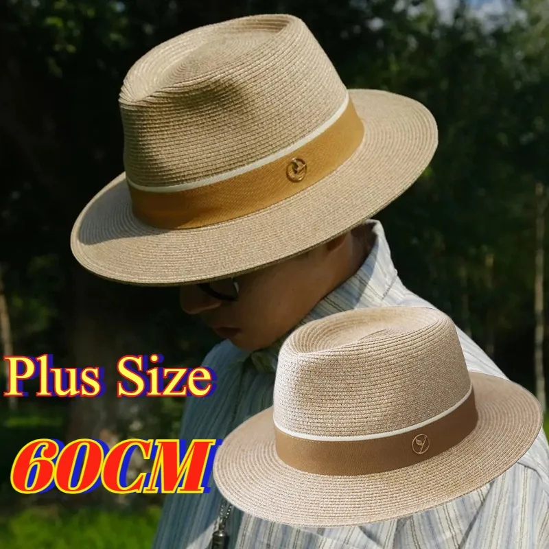 New Designer Logo Natural Soft Panama Sun Hats Men Women Summer Wide Brim Big Size 60cm Beach Fedoras Caps UV Protection Hats