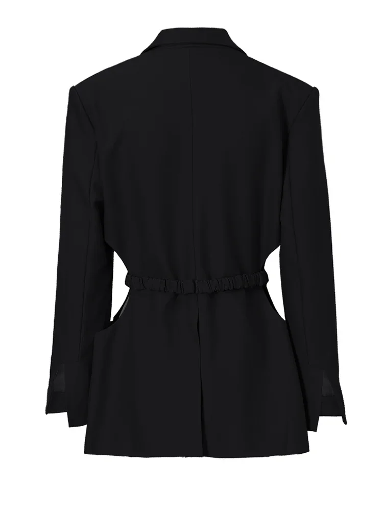 Blazer noir à taille creuse pour femmes, veste à manches longues à revers, grande taille, mode décontractée, printemps, automne, nouveau