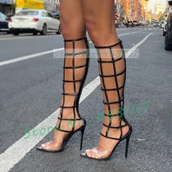 Checkered Hollow Long Sandals Women Sexy Strappy Black Party Open Pointed Toe Shoes Ladies Summer Clear Strap High Heel Sandals