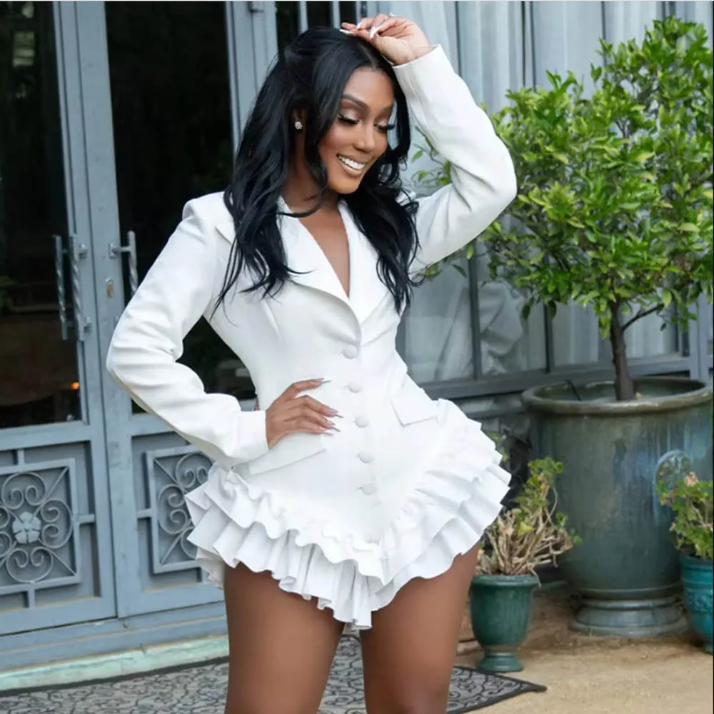

White Sheath Prom Dresses Formal Suits Long Sleeves Ruffles Pleats Mini Dance Birthday Dress With Buttons Black Girls Gowns
