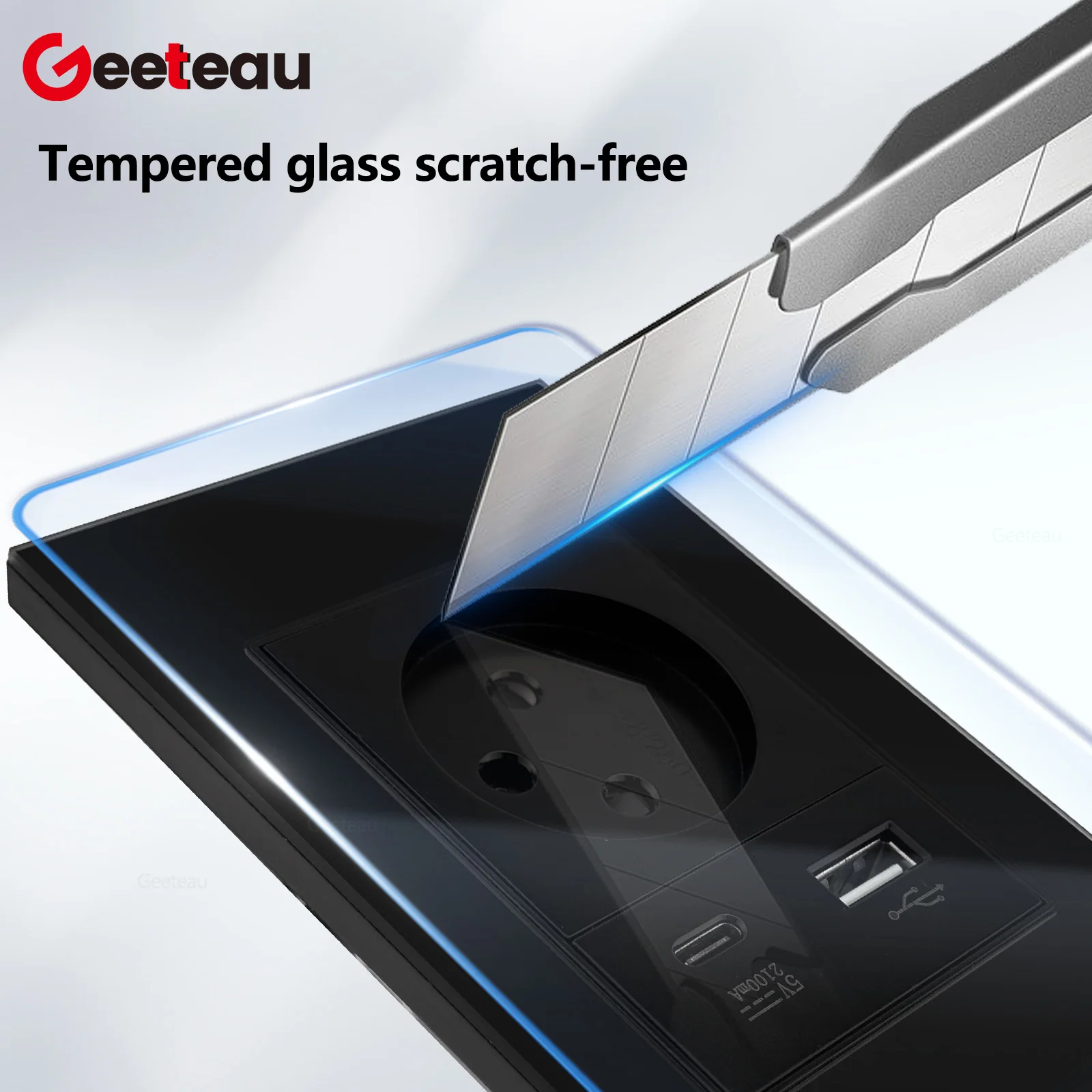 Geeteau Israel Type H Glass Panel Socket 16A 230V 10W USB C Phosphor Copper Secure Buckle Household Safe Wall Outlet