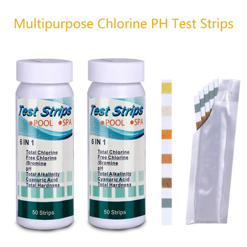 50 Pcs/Bottle 6 In 1 Multipurpose Chlorine PH Test Strips SPA Swimming Pool Water Tester Paper