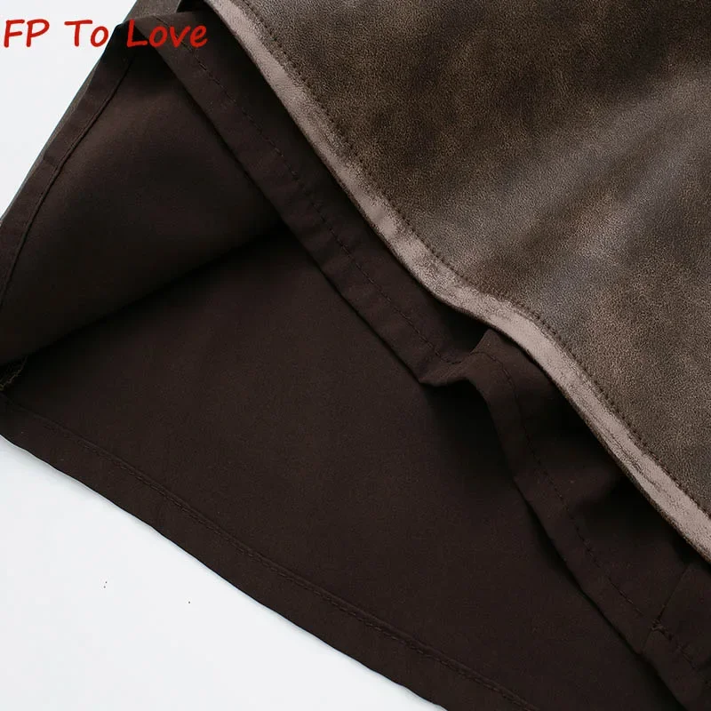 2023 Spice Girls Style Rubbed Color Leather Skirt Coffee Autumn Black Vintage Splicing High Waist A-Line Mini Skirt