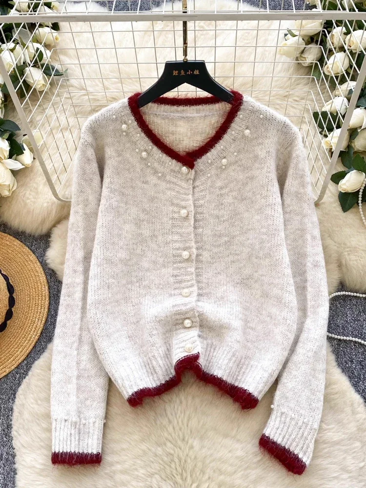 Kardigan Rajut Wanita Model O-Neck Mutiara Vintage, Pakaian Musim Gugur, Fashion Korea, Sweater Kancing Tunggal, Atasan Wanita