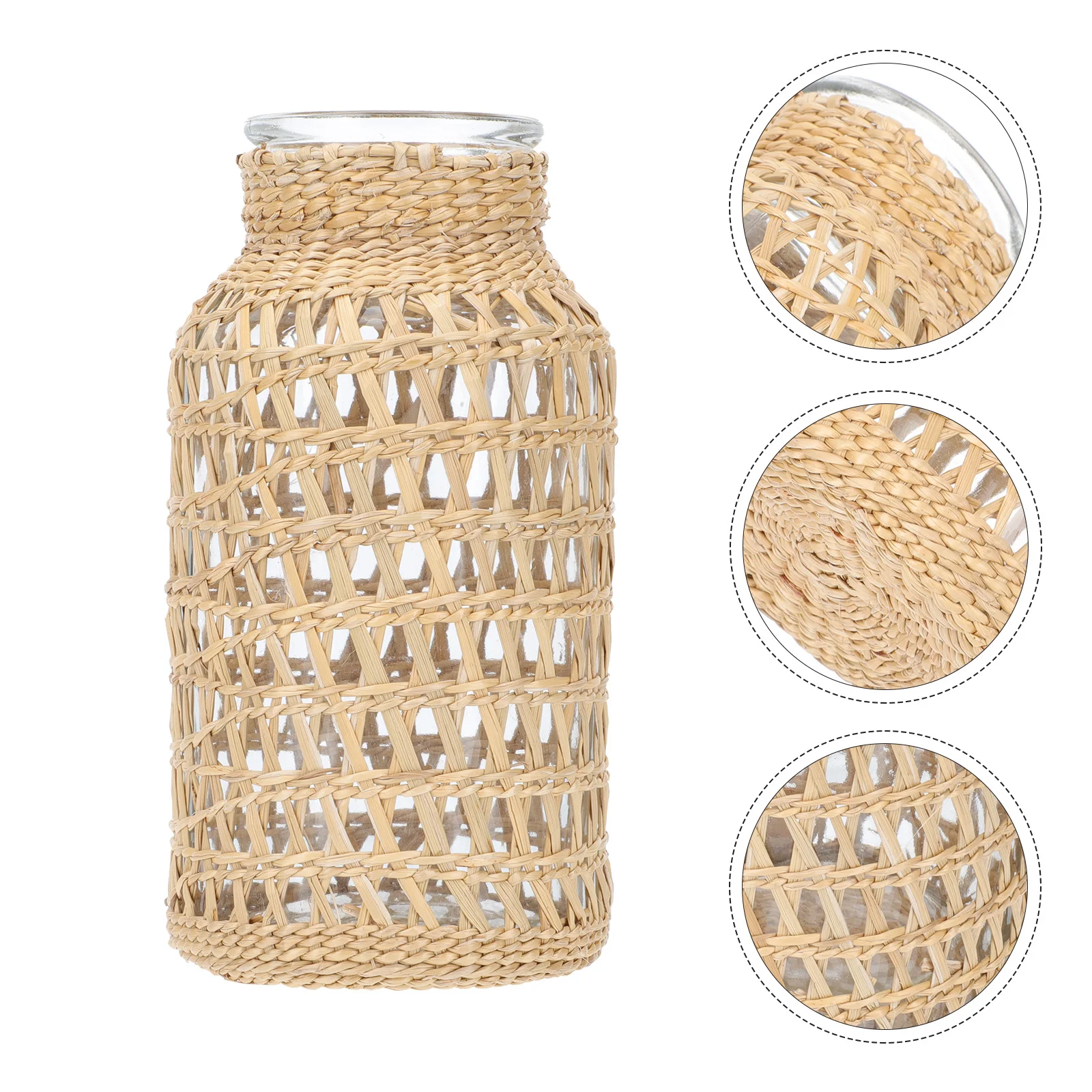

1pc Rattan Weaving Flower Vase Glass Dried Flower Holder Home Decorative Plant Container Desktop Office Table Decoration