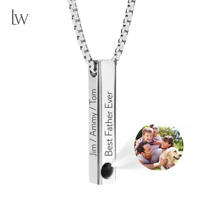 Custom Picture Name Necklace Personalized 3D Engraved Bar Photo Necklace Customized Name Memorial Jewelry Gift for Women Men