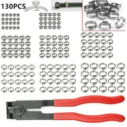 130pcs Single Ear Stepless Hose Clamps 5.8-23.5mm 304 Stainless Steel Hose Clamps Cinch Clamp Rings +1PC Hose Clip Clamp Pliers