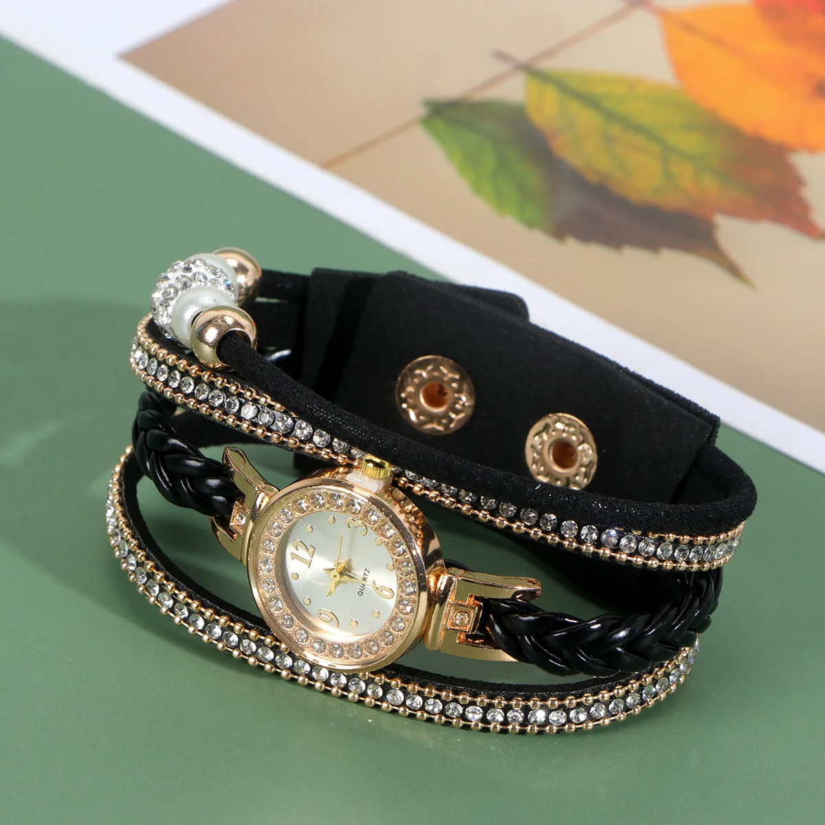 

Rhinestone Women Watch Black Braided Wristchain Fashion Quartz Precise Timekeeping Unique Wrist Decoration Birthday Gift