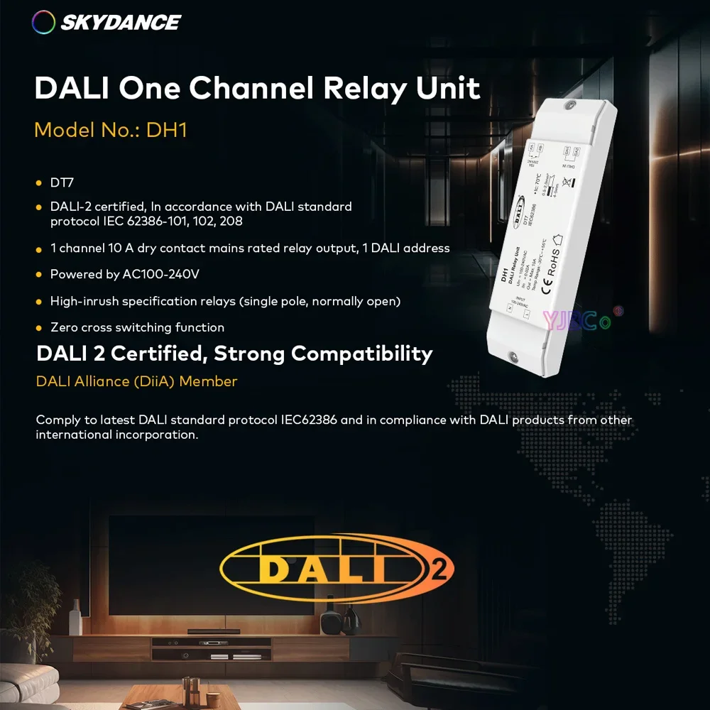 

Skydance 110V 220VAC 1CH*10A DT7 DALI AC Relay Unit DH1 High-inrush specification relays 10A resistive load (incandescent lamp)