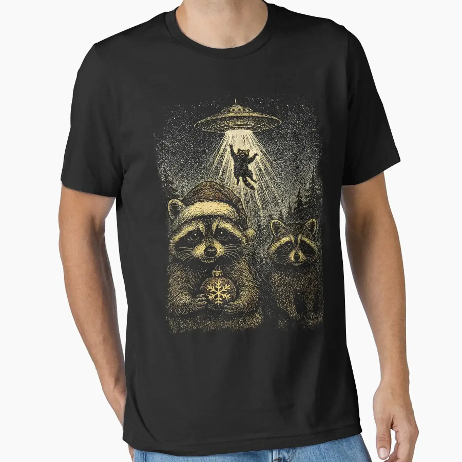 Vintage Christmas Racoon UFO SweaT T Shirt Funny Raccon Retro meme Essential vintage Washed homme designer clothes streetwear