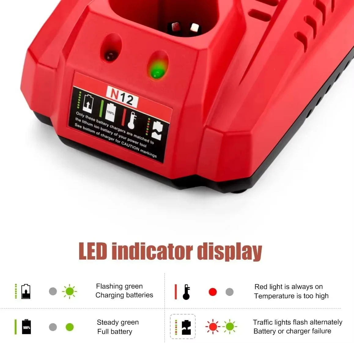 Nowa ładowarka do akumulatora litowo-jonowego Milwaukee M12 N12 3A szybkie ładowanie wymiana 48-11-2401 48-11-2402 C12B C12BX — zdjęcie produktu 5