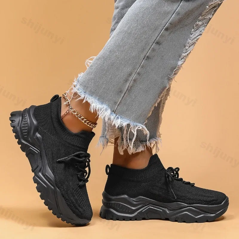 Fashion Stretch Knitting Sneakers for Women 2024 Autumn Couple Lace Up Non Slip Flats Casual Sports Shoes Woman Plus Size 35-43