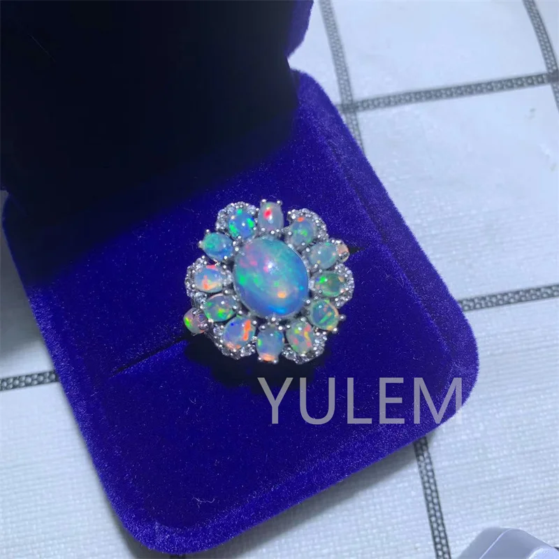 YULEM NEW Arrival Flower Design with 8x10mm Opal and 3x4mm Opal Beautiful Design for Girl Natural Opal Ring