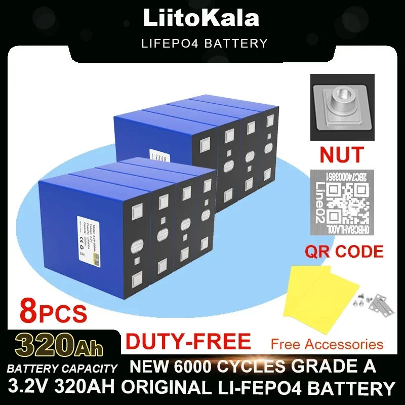 8pcs LiitoKala 3.2V LiFePO4 Battery 320AH 280ah 200ah 150ah 105ah DIY 12v 24V Automotive RV Solar Energy Storage batteries