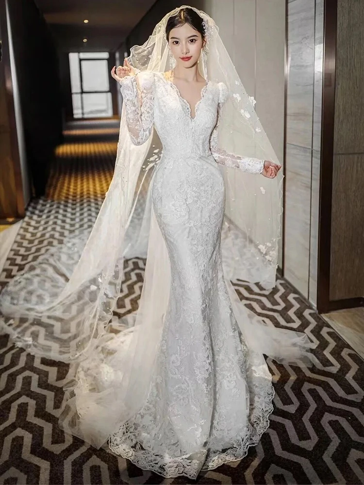 

Новое свадебное платье Ele Lace 2026 с длинными рукавами и шлейфом для невесты, элитное, для выхода на церемонию