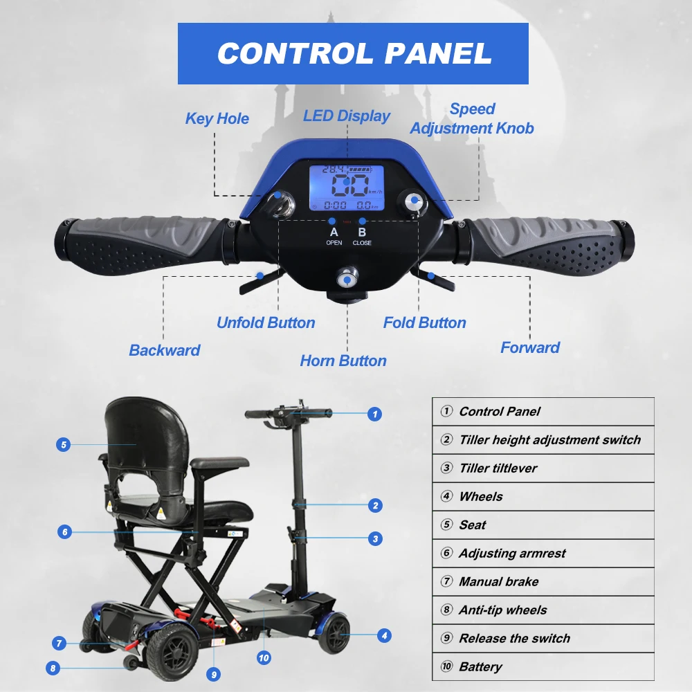 ركوب على ألعاب سكوتر التنقل الكهربائي القابل للطي مع تعليق للسكوتر الكهربائي خفيف الوزن بأربعة عجلات