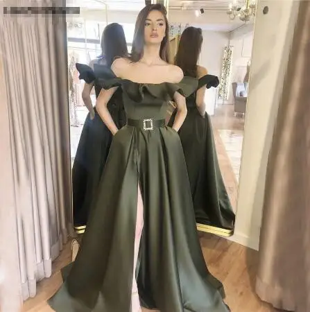 

Sexy Hunter Green Prom Dresses Vintage Off The Shoulder High Side Split Evening Gown Formal Party Bridesamaid