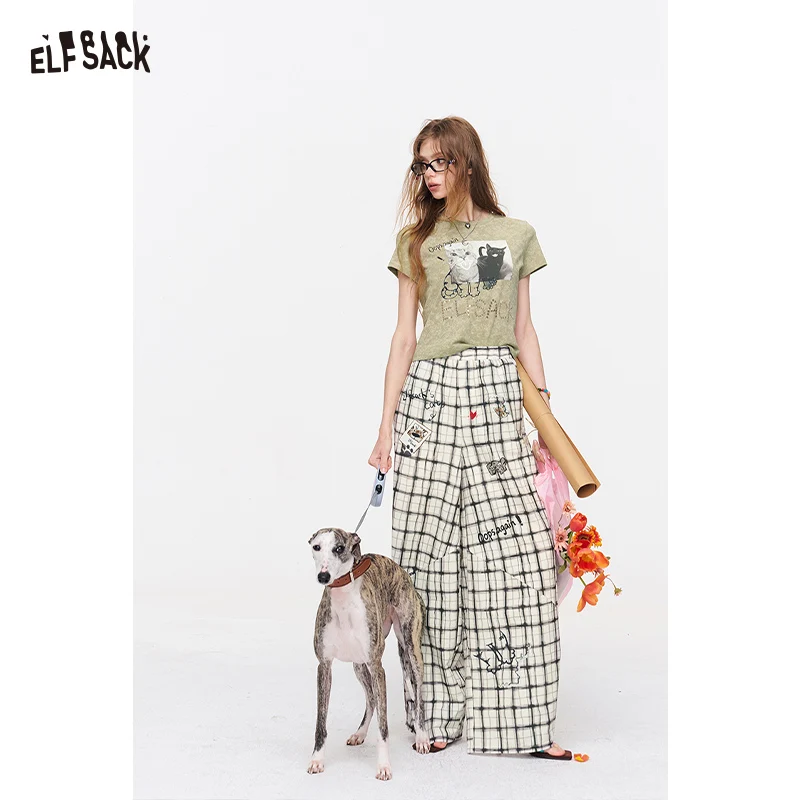 ELFSACK Women's Plaid Graffiti Print Baggy Pants, Elastic Waist Harem Style Trousers, Loose Casual Streetwear Bottoms for Summer